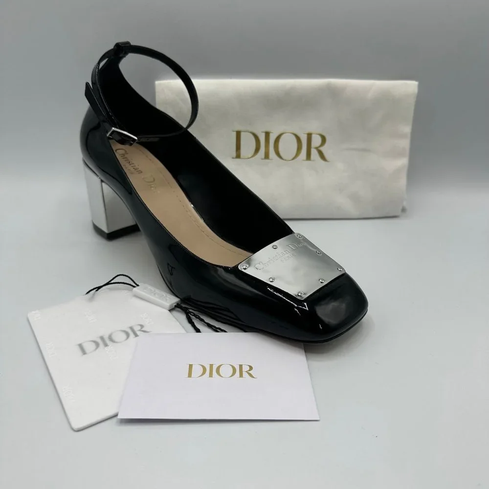 Dior La Parisienne Black Patent Leather Pump with Silver Heel & Ankle Strap FW22 - Picture 3 of 12